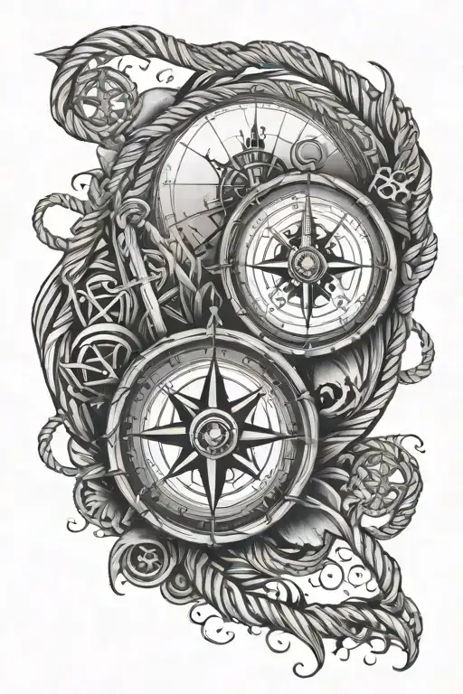 compass, ropes, ocean, underwater scene tattoo design idea