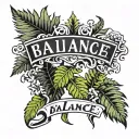 two ferns framing the word "balance"  with a line slashing the word in half, half black and half white on the other side tattoo design idea