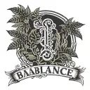 two ferns framing the word "balance"  with a line slashing the word in half, half black and half white on the other side tattoo design idea