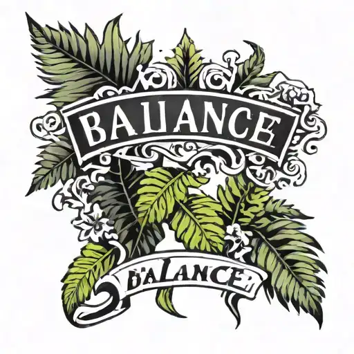 two ferns framing the word "balance"  with a line slashing the word in half, half black and half white on the other side tattoo design idea