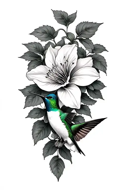 clematis vine and hummingbird hovering tattoo design idea