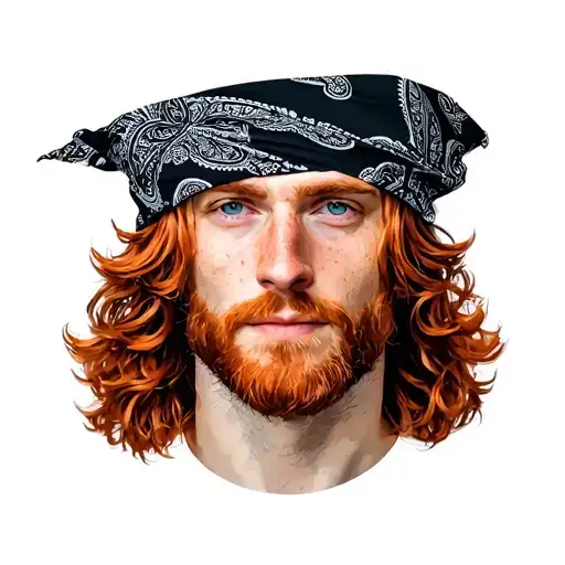 man with red slightly curly hair with Paisley printed rolled flat bandana around head hair showing on top of head  tattoo design idea