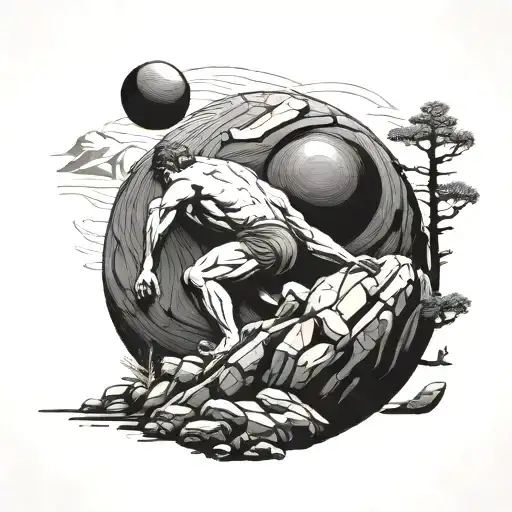 sisyphus pushing boulder up mountain tattoo design idea