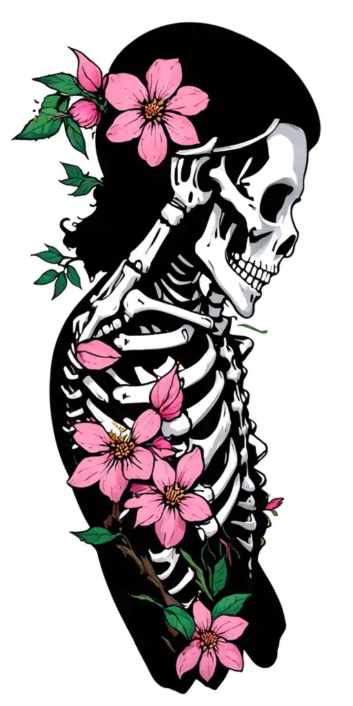 skeleton couple, cherry blossoms, color on flowers, blackout around with lines and line going from ear to ring finger tattoo design idea