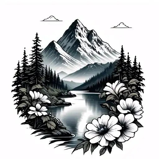 mountain and a lake mixed with flowers tattoo design idea