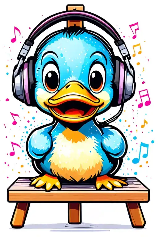cartoon duck wearing headphones, painting on an easel. include colourful water colour splotches with music notes tattoo design idea