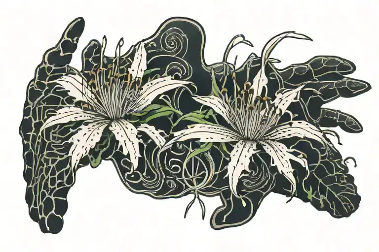 Red spider lilies with two handprints behind them. tattoo design idea