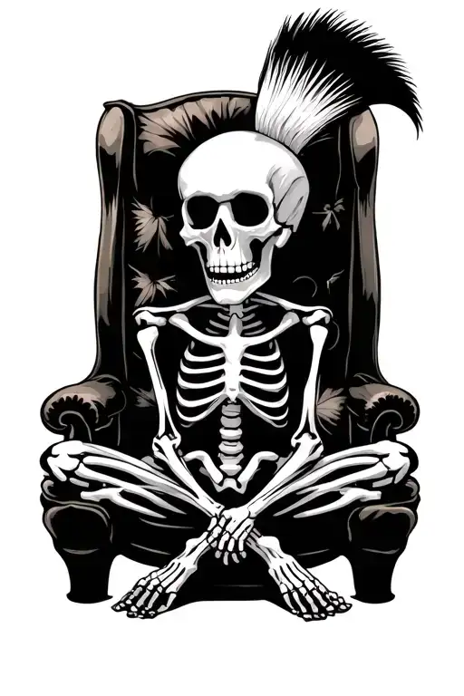 sitting sad skeleton with mohawk hairstyle tattoo design idea