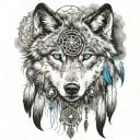 wolf with blue eyes with dream catchers hanging tattoo design idea