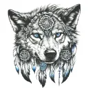 wolf with blue eyes with dream catchers hanging tattoo design idea