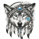 wolf with blue eyes with dream catchers hanging tattoo design idea