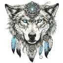 wolf with blue eyes with dream catchers hanging tattoo design idea
