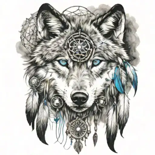 wolf with blue eyes with dream catchers hanging tattoo design idea
