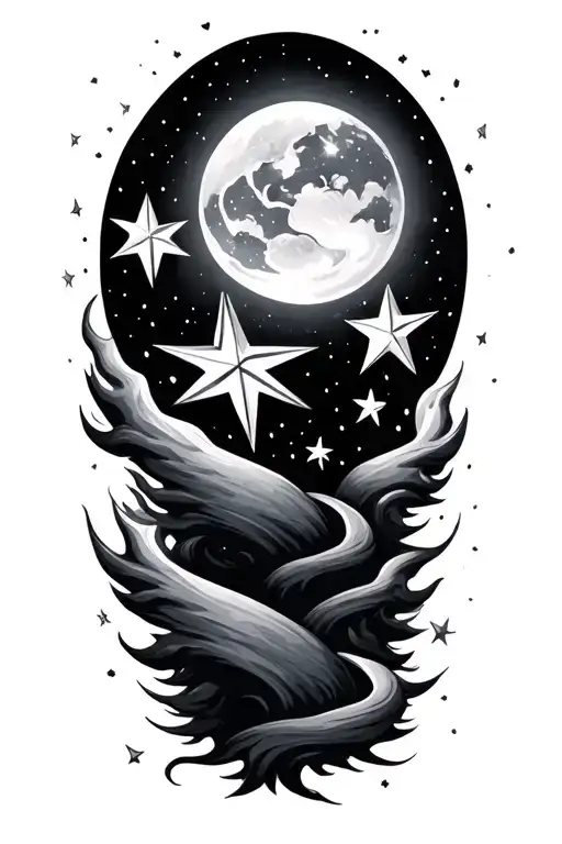 night sky with 3 stars , 3 shooting stars, 4 stars tattoo design idea