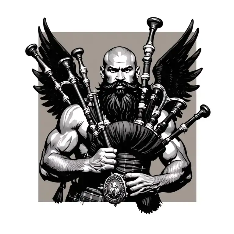 scottish bagpiper bald black beard muscular wearing glengarry pipes in arm big black wings shirtless tattoo tattoo design idea
