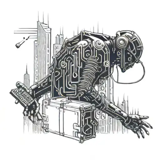 A cyberpunk-inspired tattoo of a hacker breaking into a digital lock while surrounded by binary code, with a futuristic cityscape in the background tattoo design idea