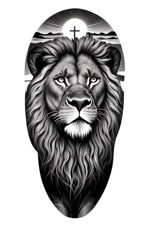 grey, Half sleeve lion tattoo, majestic lion head on African savanna, sunset background, subtle cross in the sky,  tattoo design idea