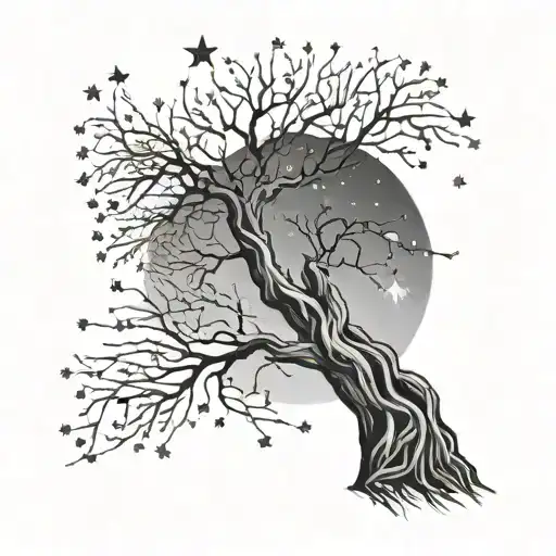 willow tree with diamonds scattered in the branches with stars above tattoo design idea