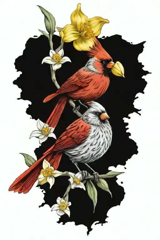 Cardinal bird with daffodils and cursive writing saying “drake” tattoo design idea