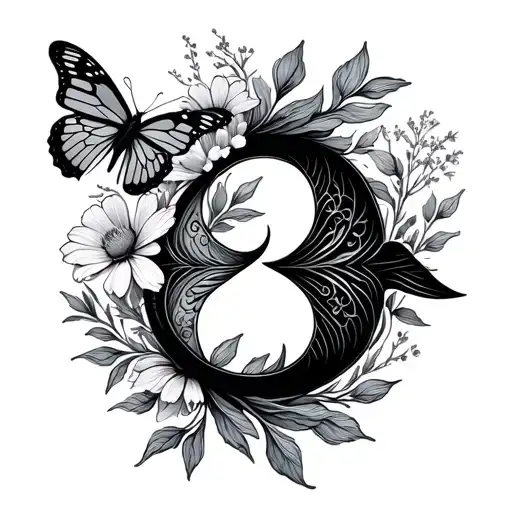 Pisces glyph with Heather flowers and butterfly tattoo design idea