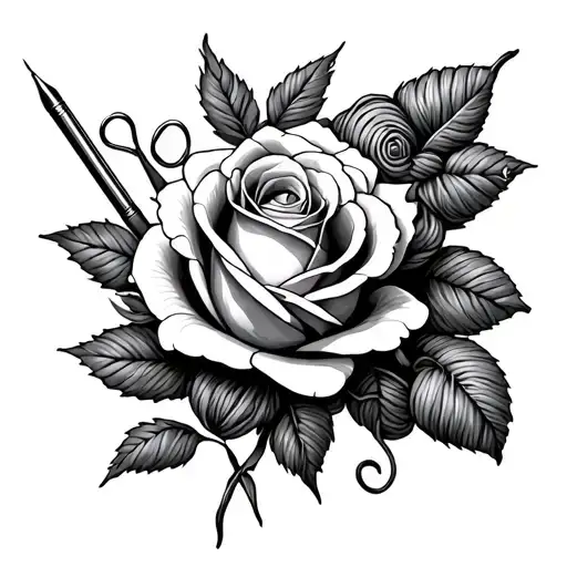 wilted rose surrounded by sewing items yarn and needles  tattoo design idea