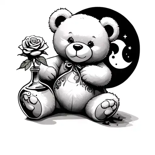 teddy bear holding a rose and potion bottle with a moon tattoo design idea