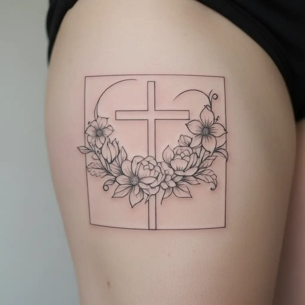 Cross with flowers and the number 224 tattoo design idea