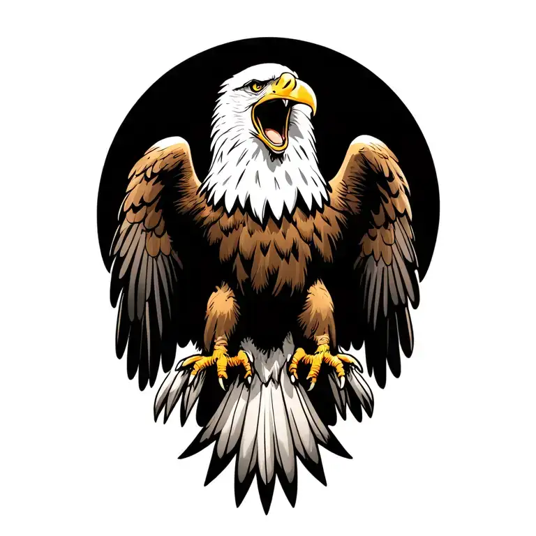 A fierce, screaming bald eagle with its wings spread wide, exuding strength and power. The eagle’s feathers are intricat tattoo design idea