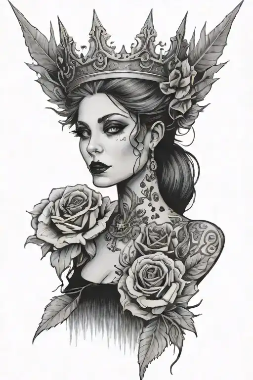 goth woman with tattoos and a crown surrounded tattoo design idea