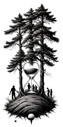 Pine forest wrap around and family tree and hour glass father and mother with 2 daughters and 1 son and golf tattoo design idea