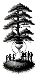 Pine forest wrap around and family tree and hour glass father and mother with 2 daughters and 1 son and golf tattoo design idea