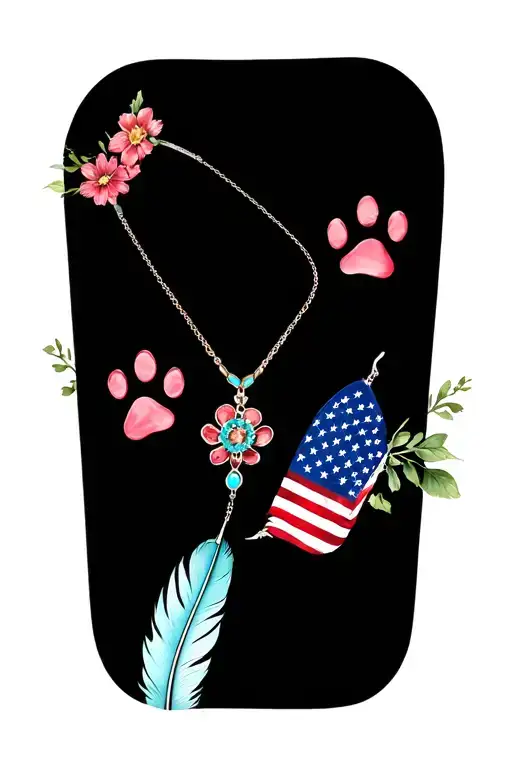 multiple feathers with 2 dog black paw prints incorporated, american flag,and turquoise western jewelry, flowers tattoo design idea