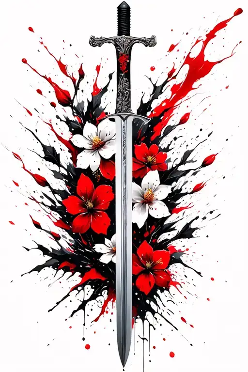 Sakura flowers falling around a sword tattoo design idea