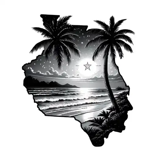 A beach scene with palm trees and waves, featuring the NC state outline and a star-filled sky tattoo design idea