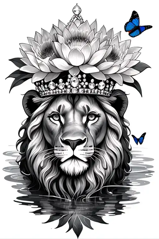 lion's head tattoo wearing a big jewelled crown with bunch of water lilies and two butterflies  tattoo design idea