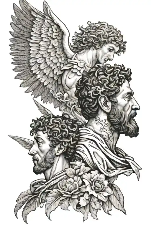 Icarus falling and marcus Aurelius face morphing tattoo design idea