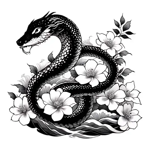 fullArm Japanese blackwork with botan flowers, waves nami-gashika style and a snake that crosses the arm tattoo design idea