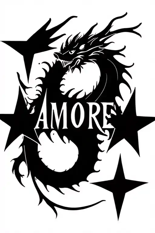 "AMORE" "AMORE" three stars and dragon and abstract lines to combine tattoo design idea