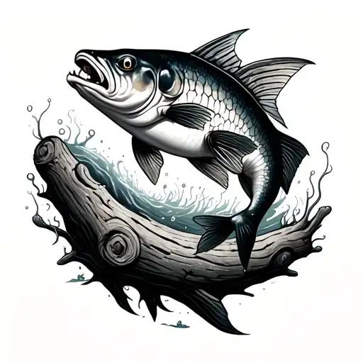 catfish logs underwater scene tattoo design idea