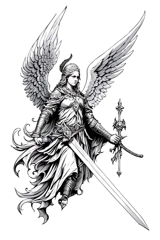 a fantasy style warrior angel holding a sword tattoo design idea