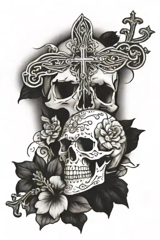 upper arm tattoo with skull, cross, hibiscus flower, rosary, and hail mary in spanish  tattoo design idea