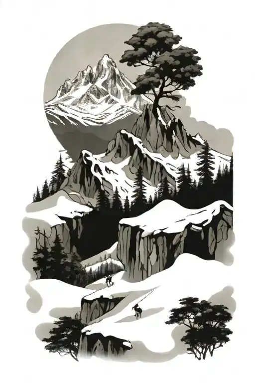 snow mountain with jungle forest with trees tattoo design idea