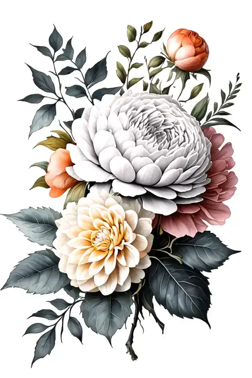 dahlia, ranunculus, peony, greenage, eucalyptus leaves for upper arm tattoo tattoo design idea