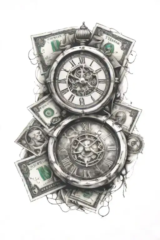 clock and money symbols incorporated tattoo design idea