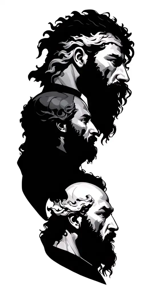 create 3 busts showing zeus, poseidon and hades looking down on a battle between them and Kratos from god of war tattoo design idea