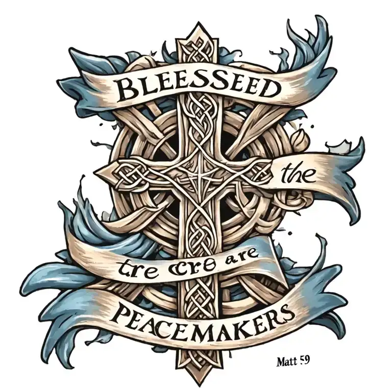 Celtic Cross with ""Blessed are the peacemakers" written on a blue banner draped on the cross.  Mat 5:9 written below tattoo design idea