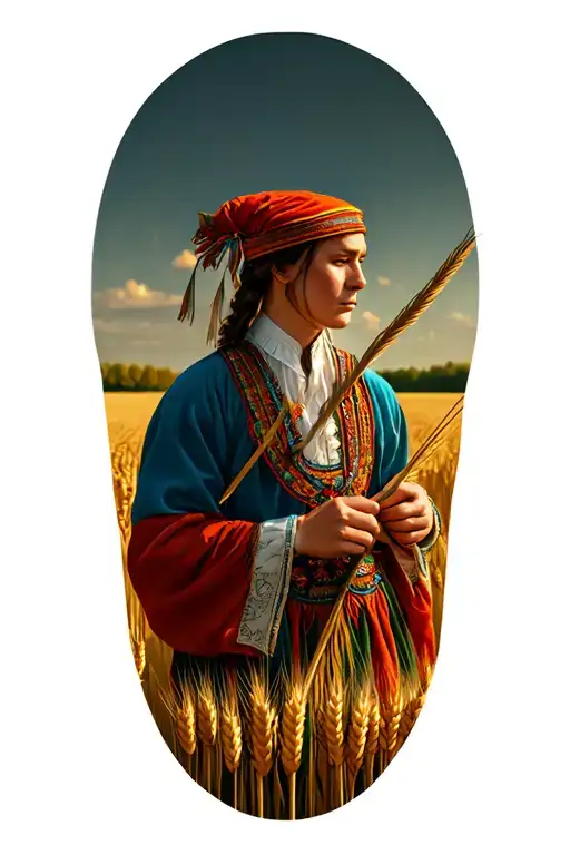 Mokosh weaving thread wearing Ukrainian traditional clothing surrounded by wheat and sun and wearing a vinok  tattoo design idea