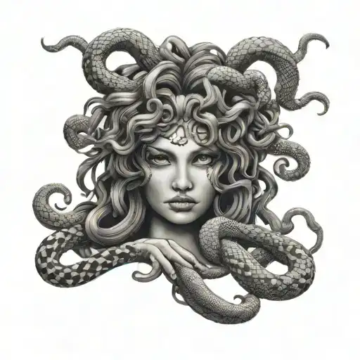 Medusa head on hand with snake hair on fingers tattoo design idea