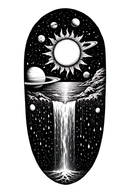 A sun surrounded with planets that turns into a waterfall with rain drops at the bottom tattoo design idea