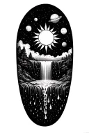 A sun surrounded with planets that turns into a waterfall with rain drops at the bottom tattoo design idea